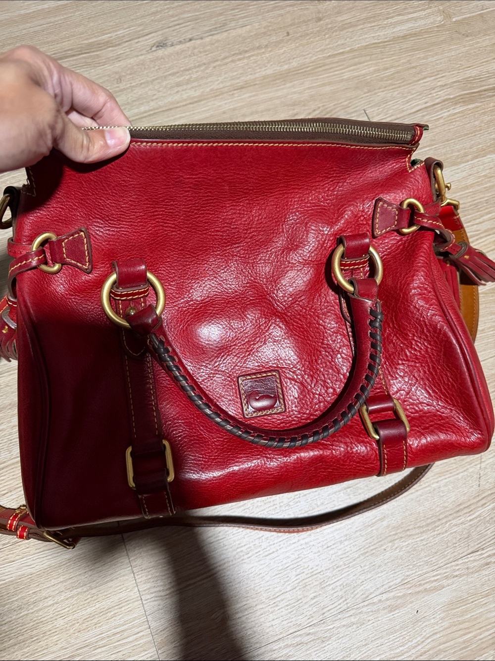 Dooney & Bourke Red Leather Shoulder Satchel with Brass Accents